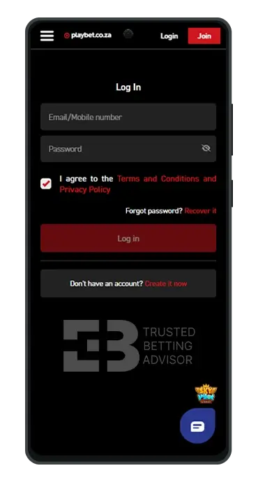 Playbet App Android Login Form