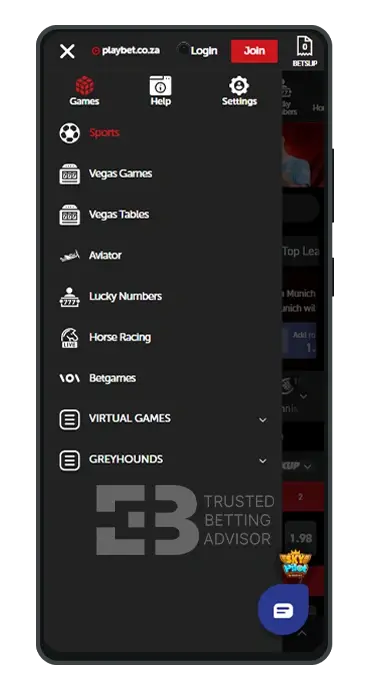 Playbet App Android Menu