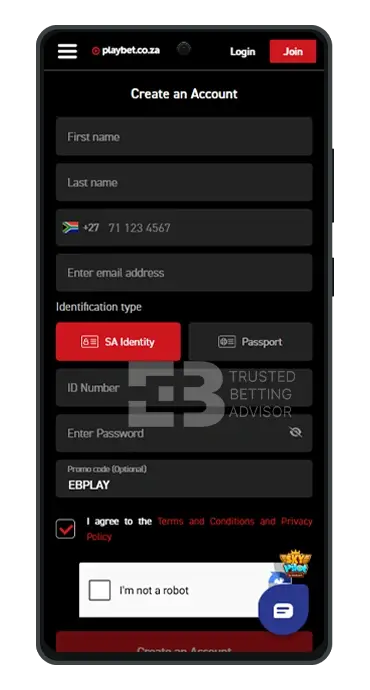 Playbet App Android Registration Form