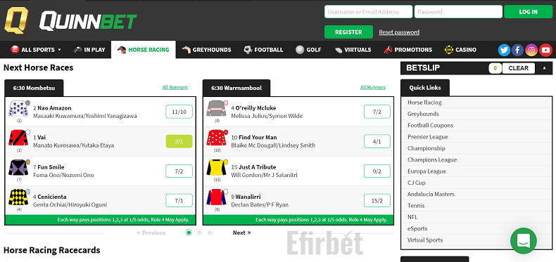 Quinnbet horse racing section