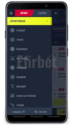 Rabona mobile menu on Android