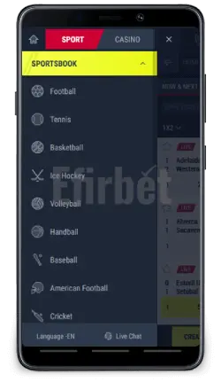 Rabona mobile menu on Android