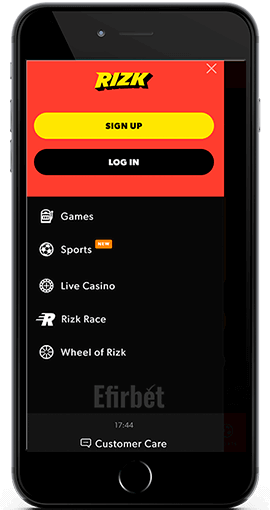 mobile menu of Rizk for iOS