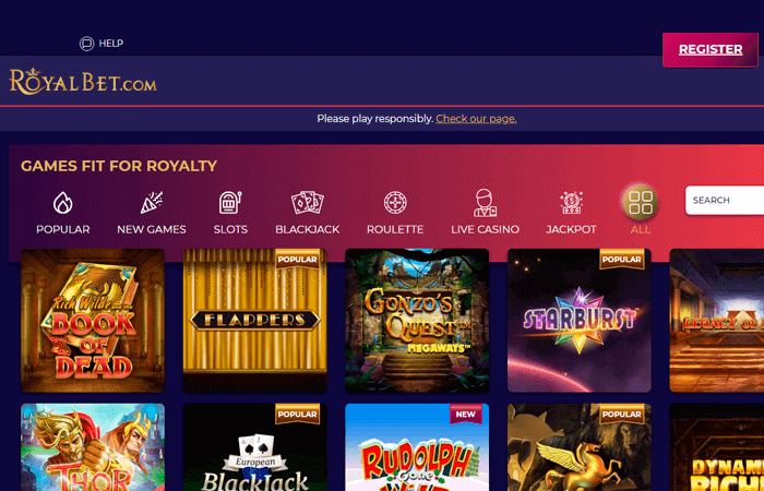 RoyalBet casino desktop screenshot