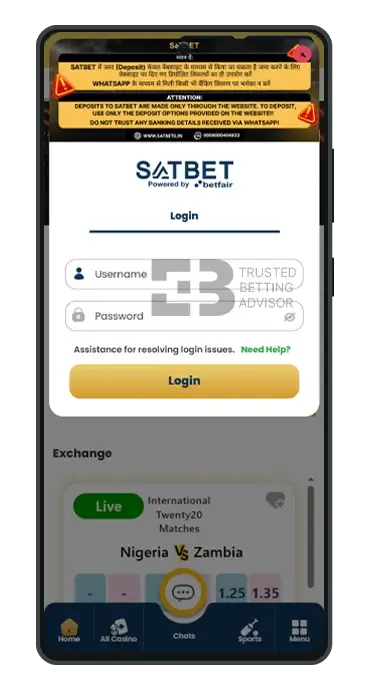 Satbet App Login Form Android