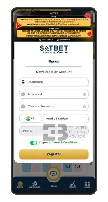Satbet App Registration Form Android