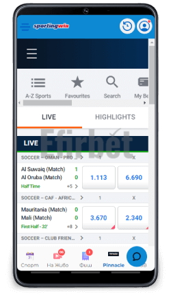 Sportingwin mobile Pinnacle залози