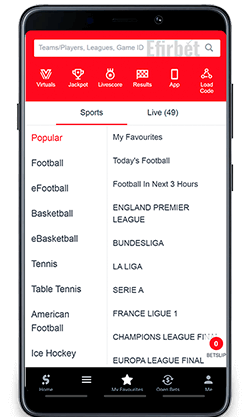 SportyBet mobile menu for Android