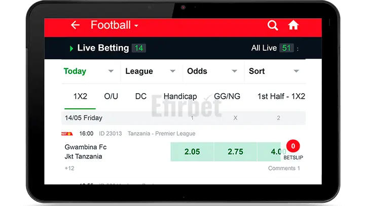 SportyBet mobile version for tablet