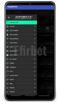 Supabets mobile south africa android app menu