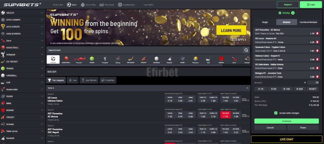 Supabets Betting Sections