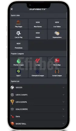 Supabets Mobile Version iOS Menu
