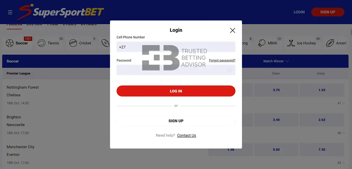 SuperSportBet Login Form