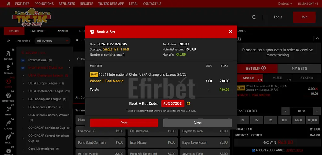 Tic Tac Bets Book A Bet Feature