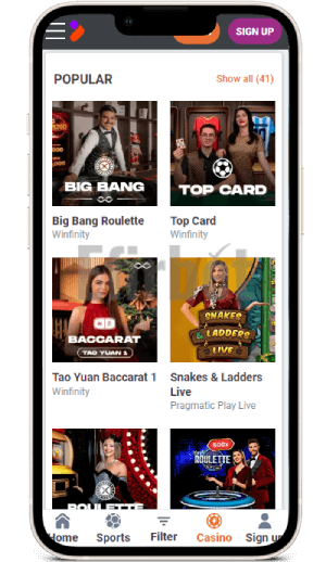 Tonybet mobile app casino live