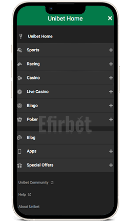Unibet iOS App Menu