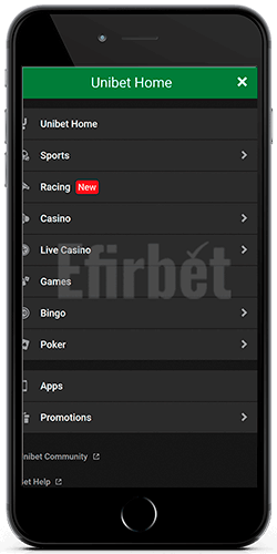 Unibet mobile casino menu for iOS
