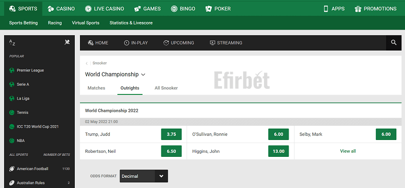 Unibet snooker betting