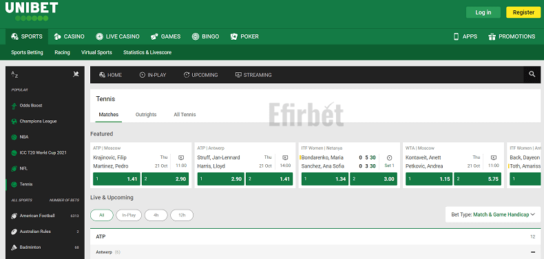 Unibet tennis betting section