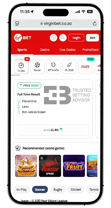 Virgin Bet App iOS Homepage South Africa