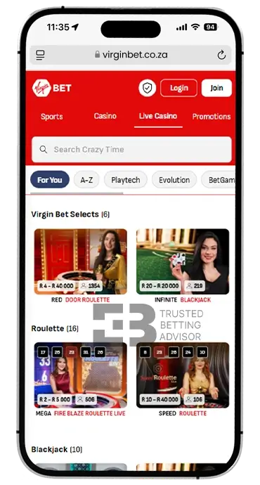 Virgin Bet App iOS Live Casino South Africa