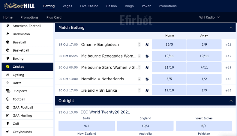 William Hill Cricket betting