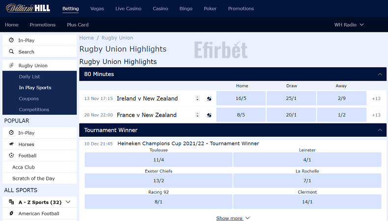 William Hill Rugby Union betting