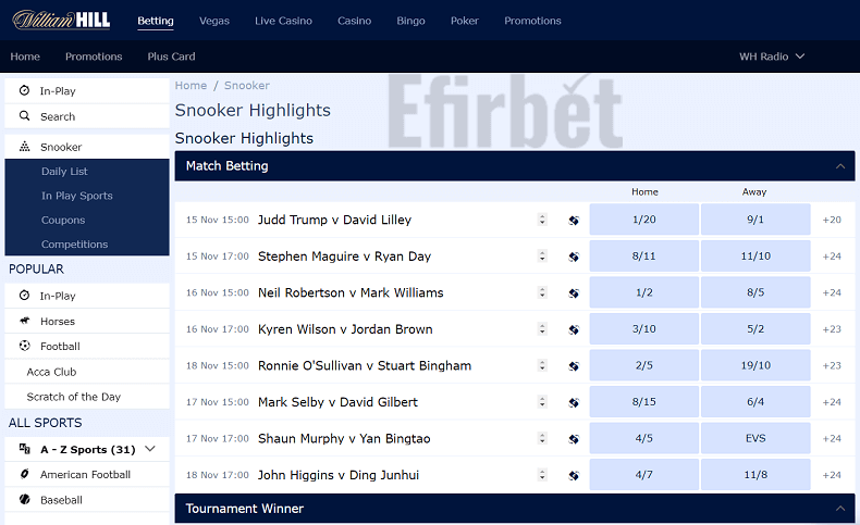William Hill snooker betting