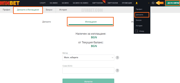 изтегляне на сума от Winbet