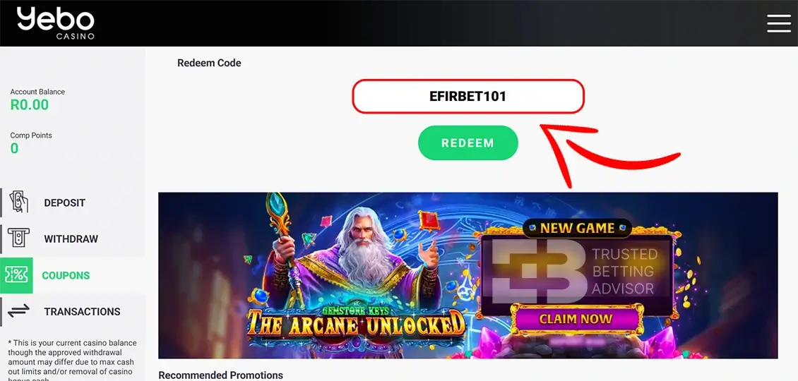 Yebo Casino Bonus Code Field