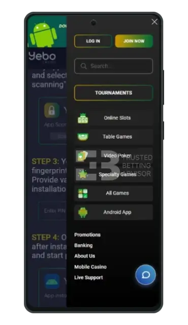 Yebo casino mobile app menu and navigation
