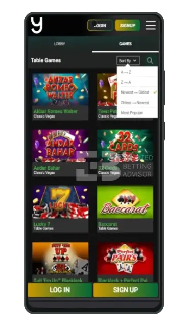 Yebo casino mobile table games