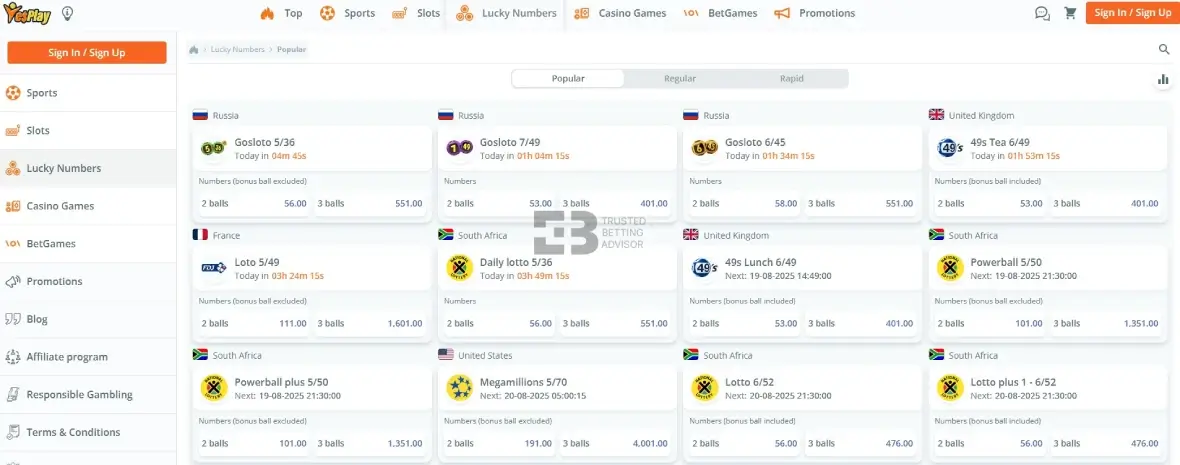 Yesplay Lucky numbers screenshot