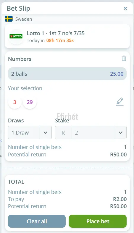 Yesplay Lucky Numbers Betslip