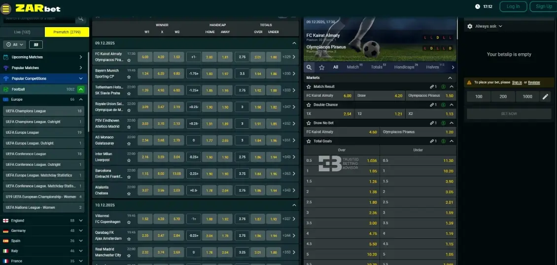 Zarbet Sports betting sections