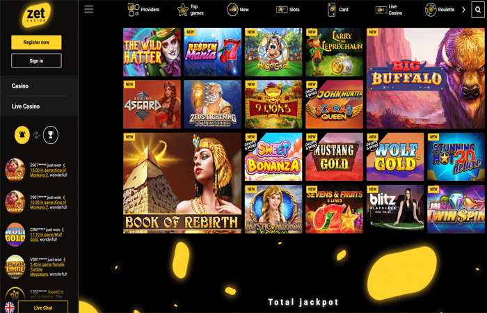 zet casino desktop screenshot