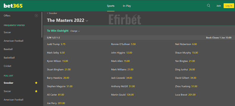 Bet365 snooker betting