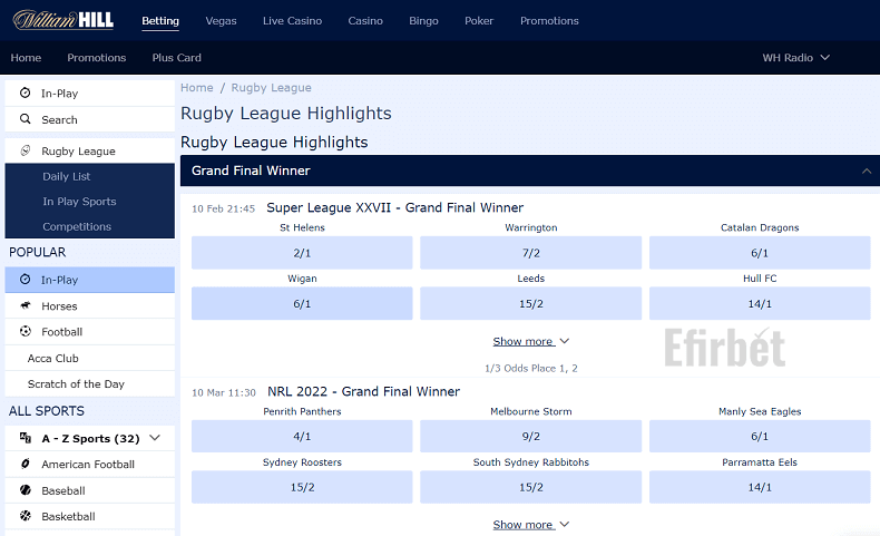 William Hill rugby league betting